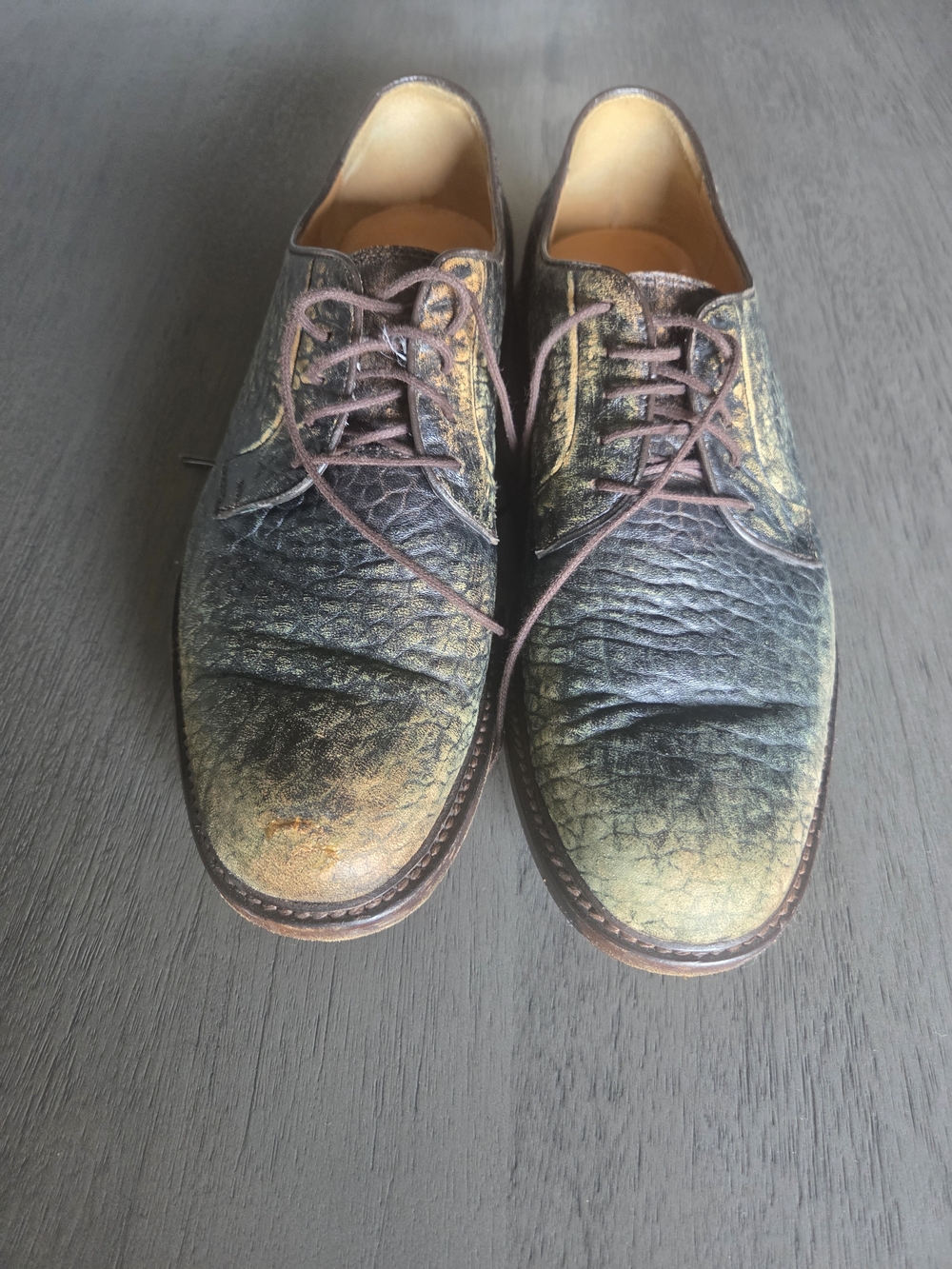 Men's Leather Derby Shoes in Green and Tan by Gucci.